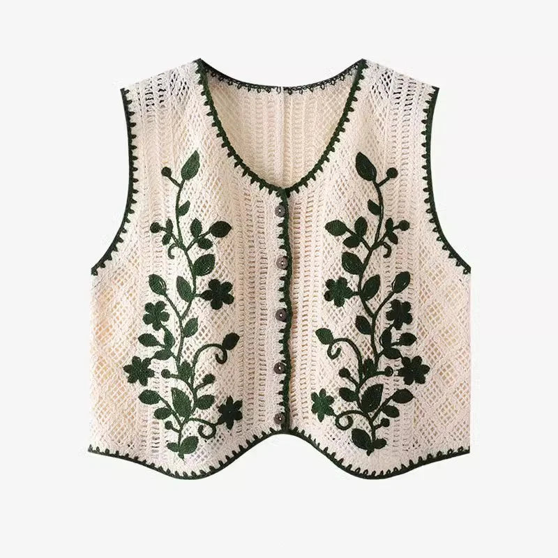 Flower Embroidery Crochet Waistcoat Top Sleeveless Button Front Vest Cardigan Women Spring Summer Vintage Fairycore Cottagecore