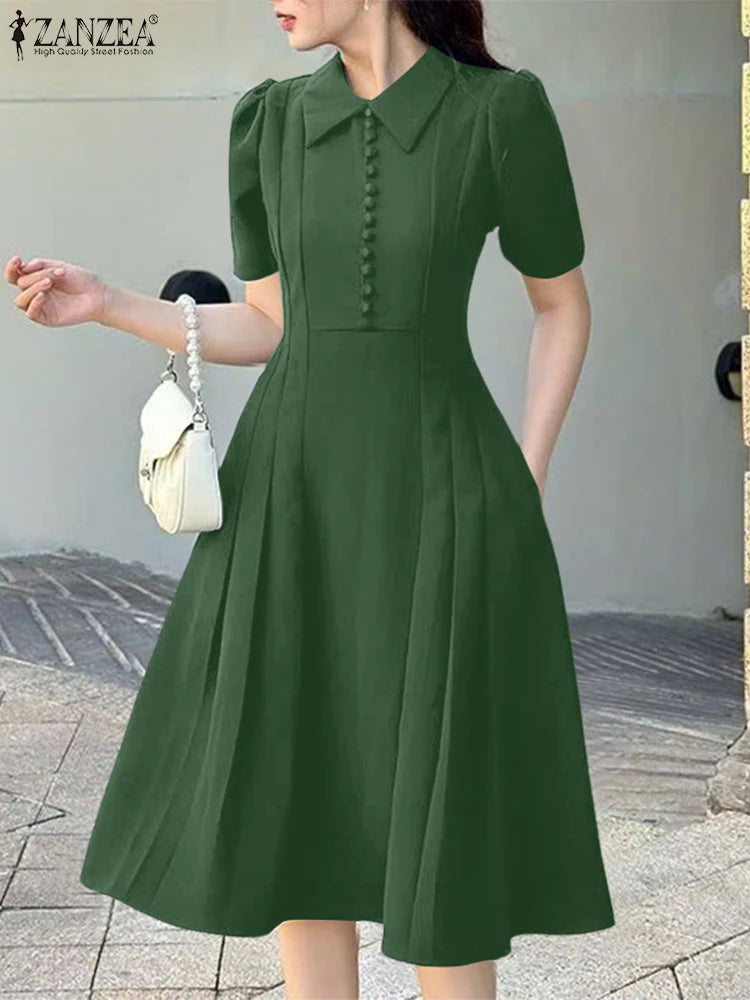 ZANZEA Elegant Women Pleated A-Line Dresses Summer Fashion Short Sleeve Fitted Waist Robes Femme Office Commuting Midi Vestidos