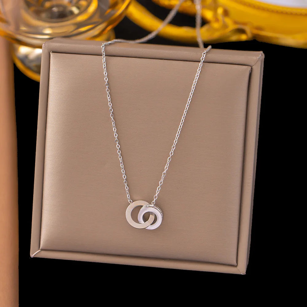 316L Stainless Steel Clavicle Chain CZ Crystal Double Circle Roman Numeral Pendant Necklace For Women Wedding Jewelry Gifts