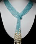 3 Strands 4mm Blue Aquamarine & 6-7mm White Rice Pearl Beads Long Necklace 49''