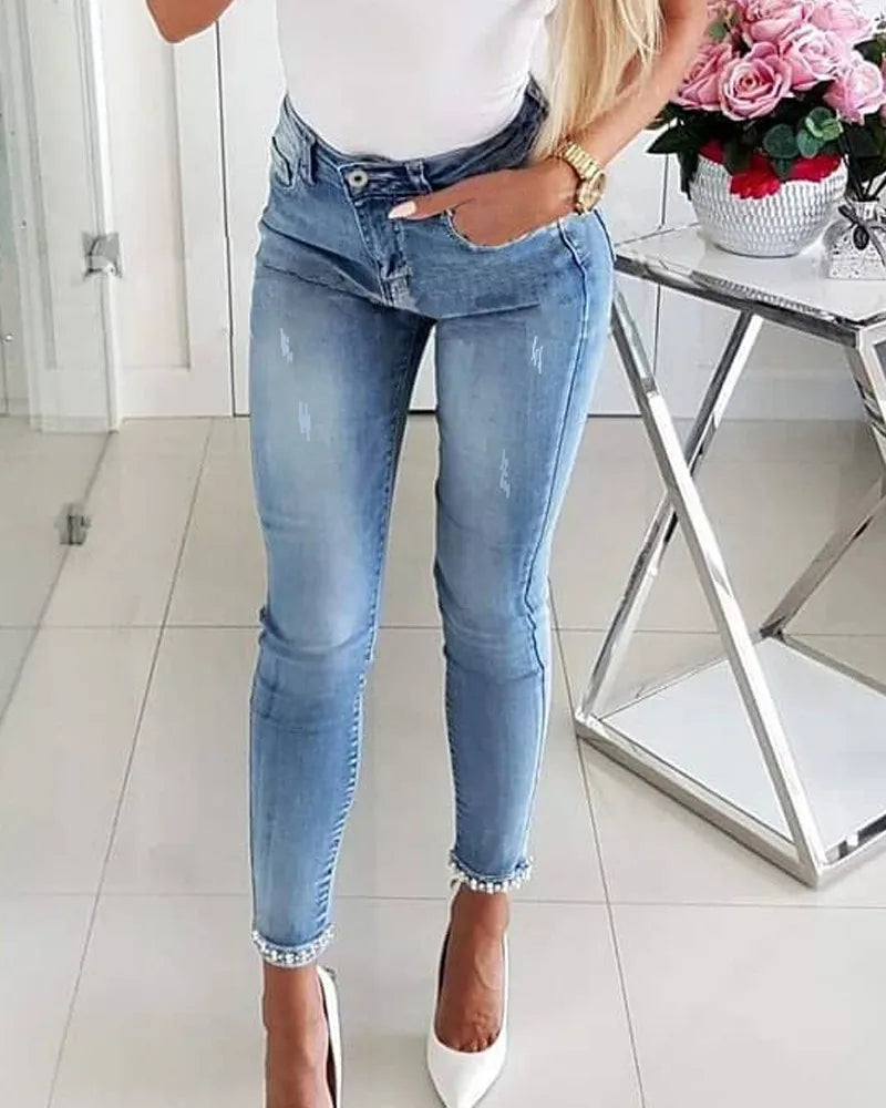 Fashion Skinny Jeans Female Summer Casual Pants Trousers Ladies Vintage High Waisted Jeans Women Bleached Women's Pencil Pants