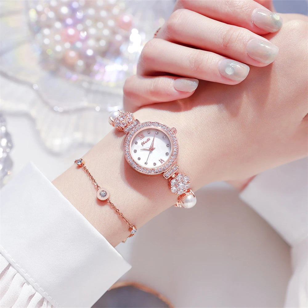 Personalized temperament round diamond silver four flower jade round diamond pearl rosegold strap luminous women quartz watch