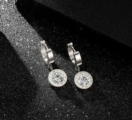 2023 Fashion Classic Roman Crystal Disc Pendant Stainless Steel Rose Gold Colour Earrings Women's Colorless Jewelry Accessories