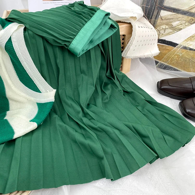 2024 Women Elegant Pleated Skirt High Waist Women Mid-long Skirt Female Ladies High Quality Women Midi Skirt Black Saia