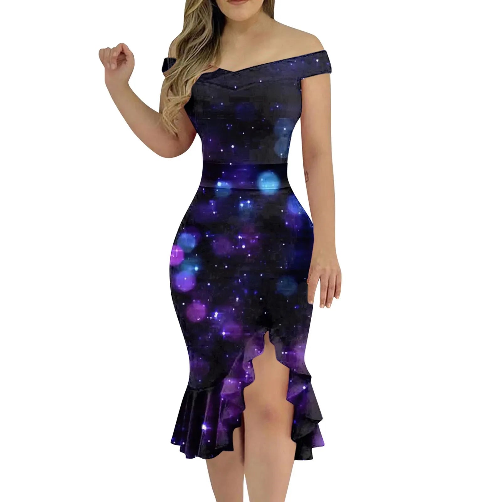 Women'S Party Dress Sexy Off Shoulder Split Ruffle Solid Bodycon Knee-Length Dress Fashion Glitter Party Elegant Dresses Vestido