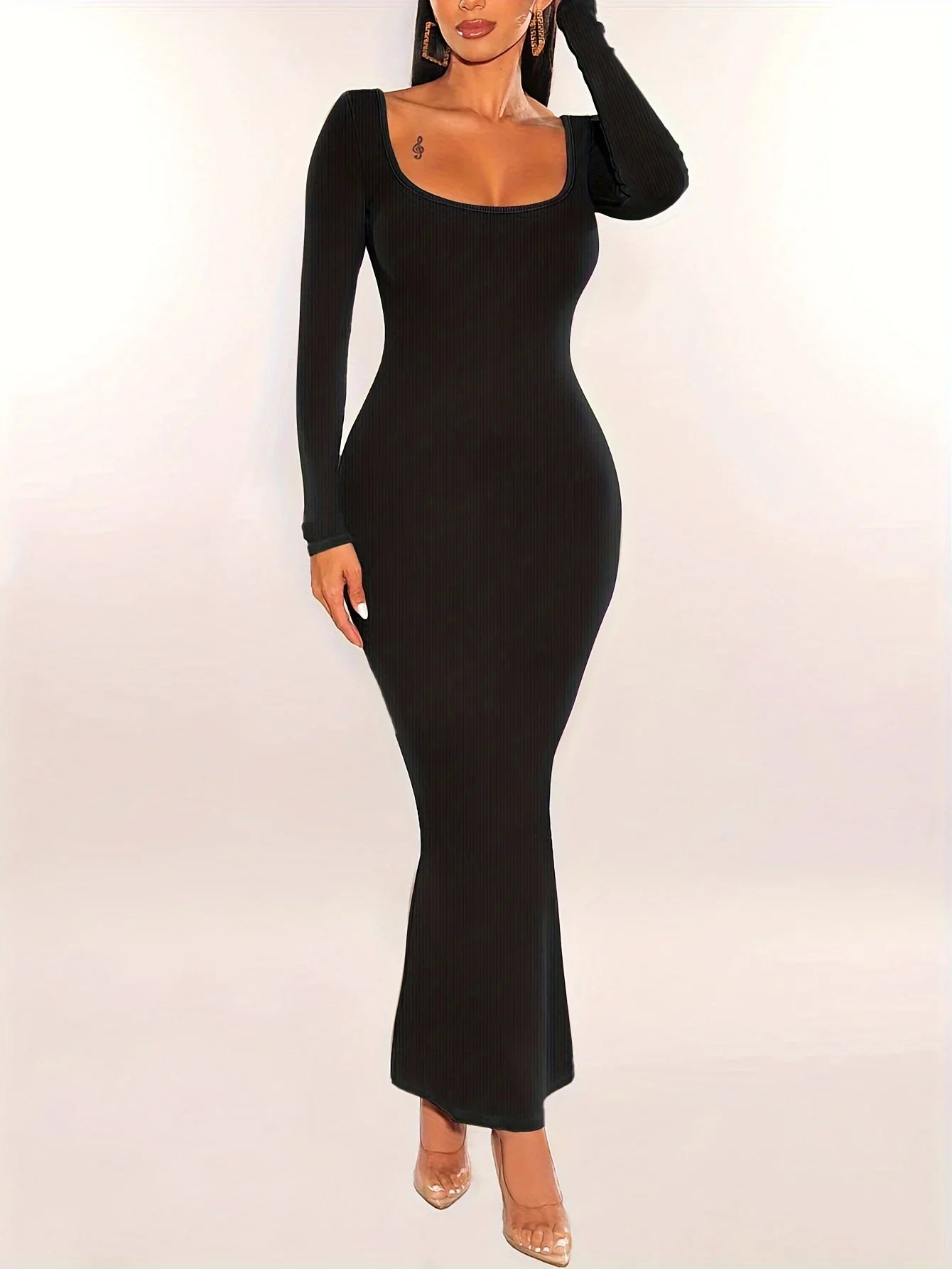 Women Ribbed Knit Long Sleeve Maxi Dress Slim Fit Solid Color Bodycon Pencil Long Dress Casual Fall Spring Clothes