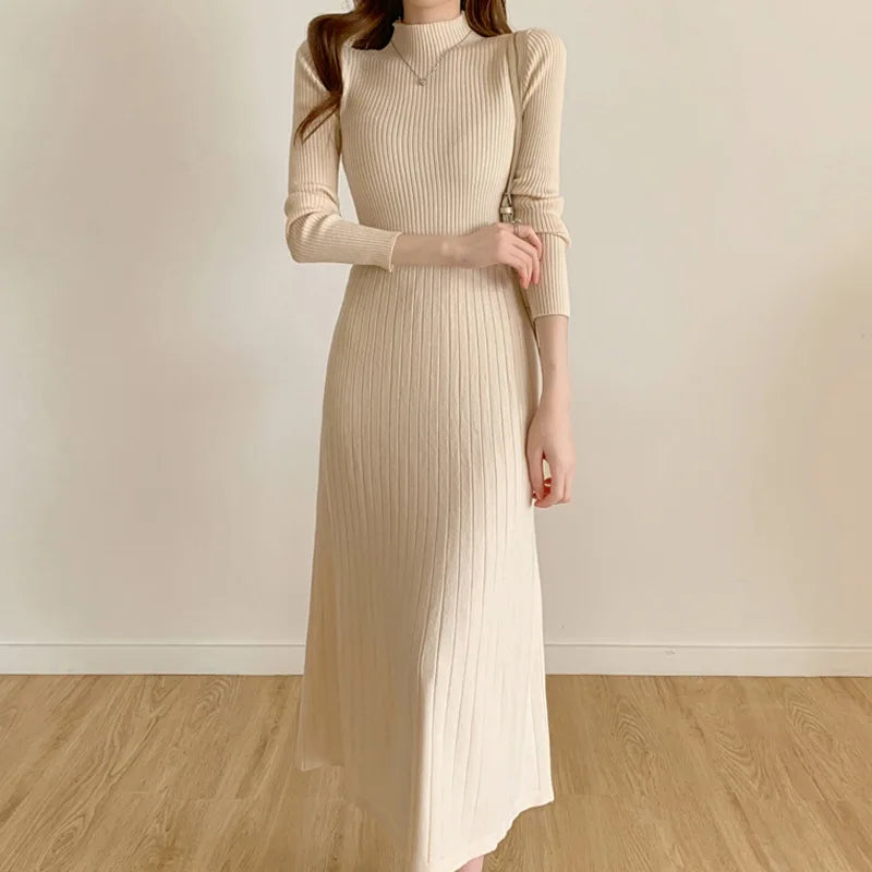 Long Knitted Dress Women Winter Sweater Dress Female Elegant Slim Long Sleeve Knee Length Dress Ladies Warm Office Dresses