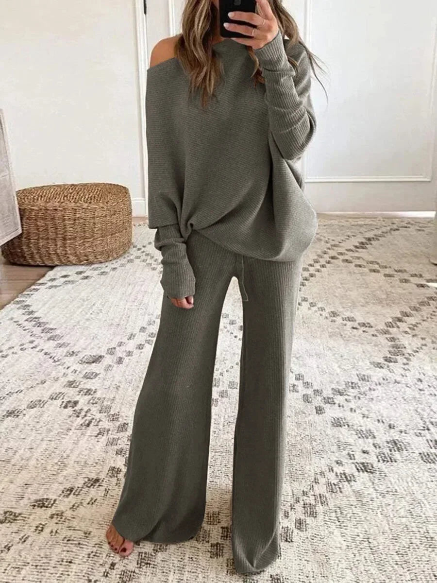 New Women's 2pcs Clothes Set Solid Color Round Neck Long Sleeve Casual Top & Loose Wide Leg Pants Home Wear