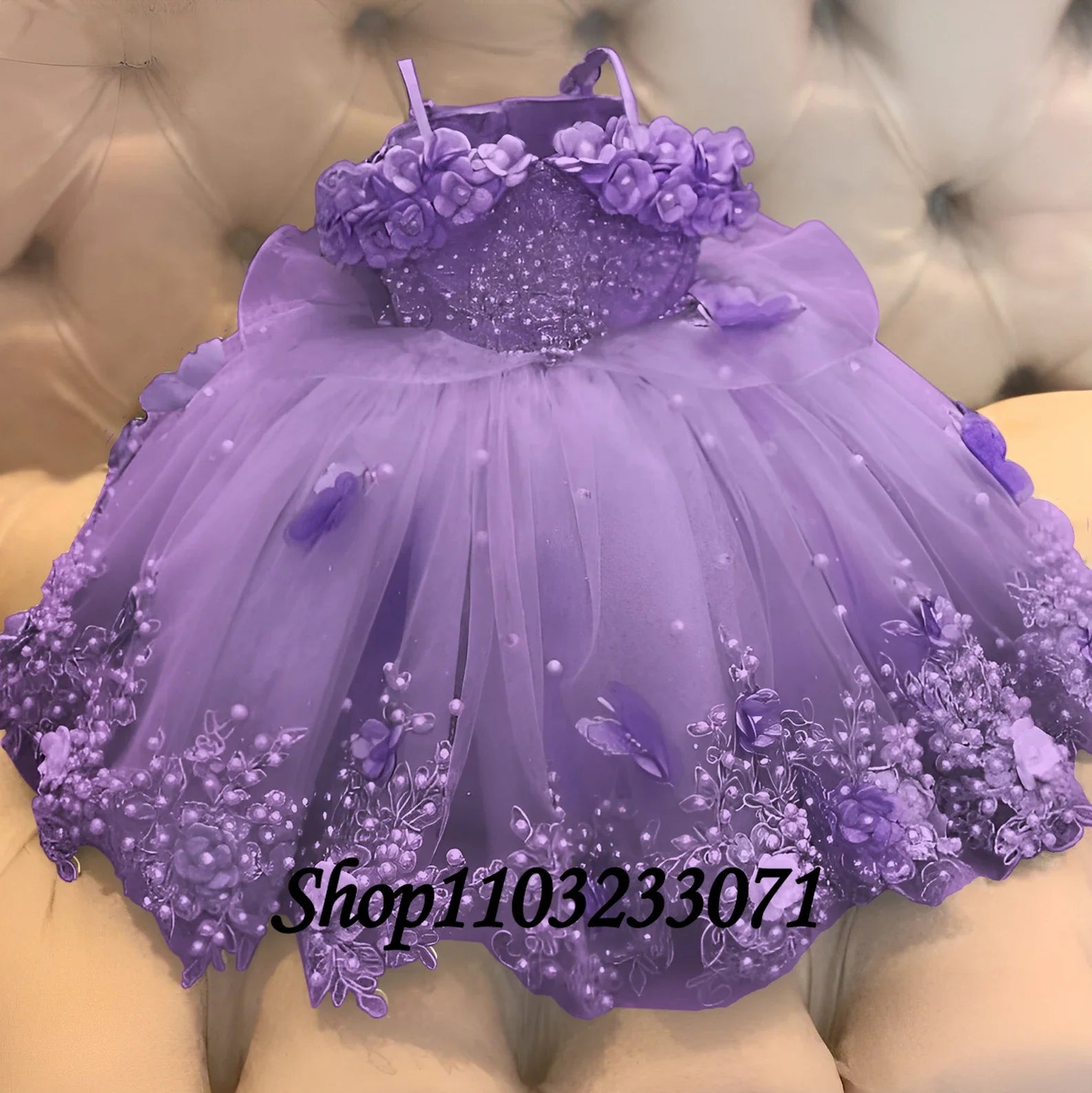Customized Pink Flower Girl Dress Lace Off Shoulder Pearls Butterflies Organza Baby Girl Birthday Party First Communion Dress