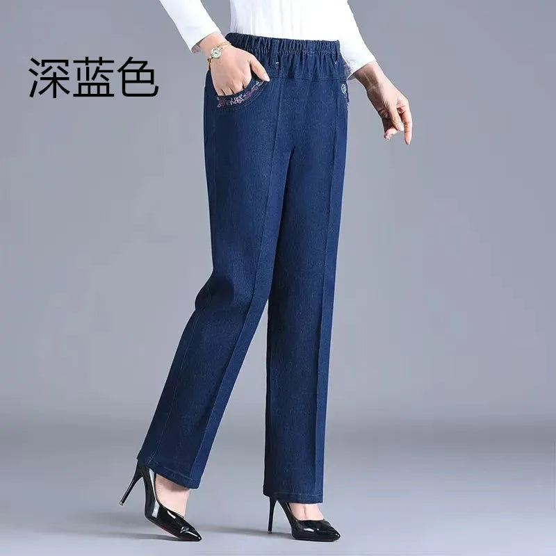 Middle aged elderly Women's Jeans Embroidered Pockets Elastic waist Mom Pants Casual Denim Straight leg Trousers 2025 New Spring