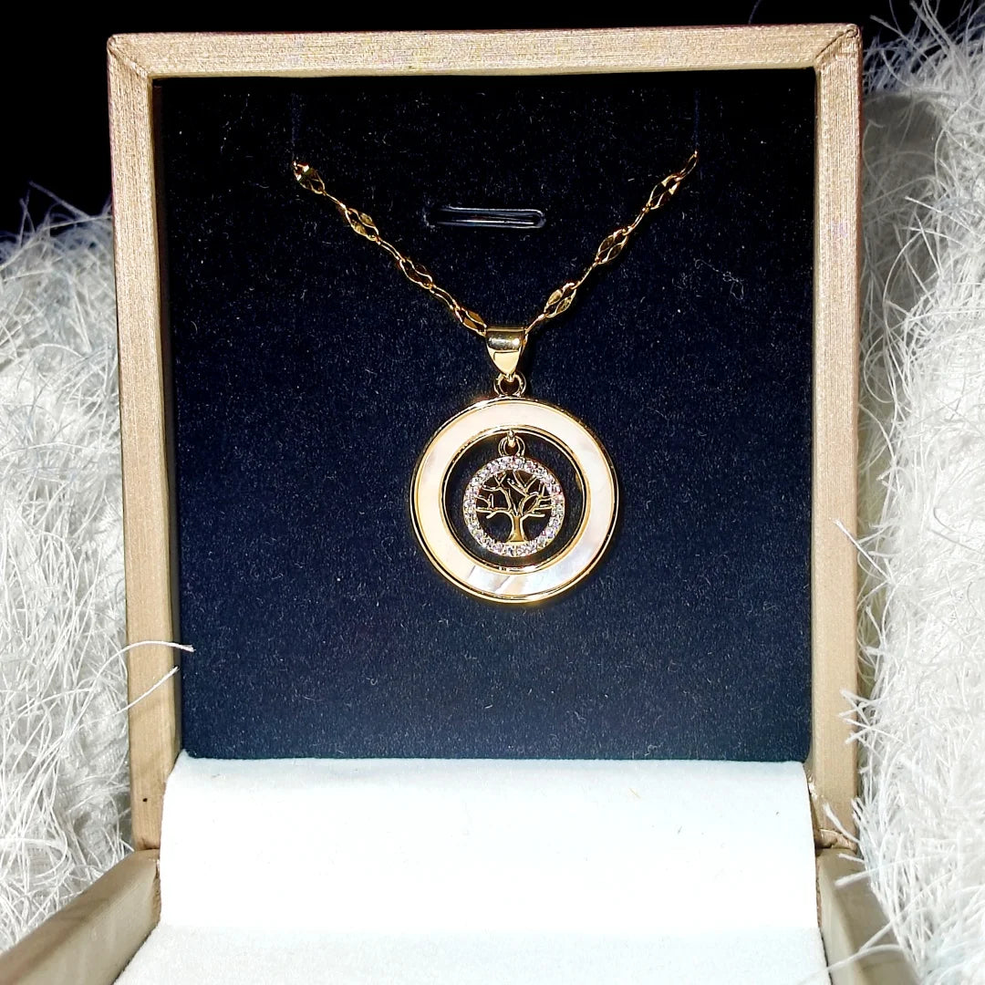 Gorgeous Necklace for Women with Copper Micro-inlaid Zircon, Seashell, Sunburst and Tree of Life Details