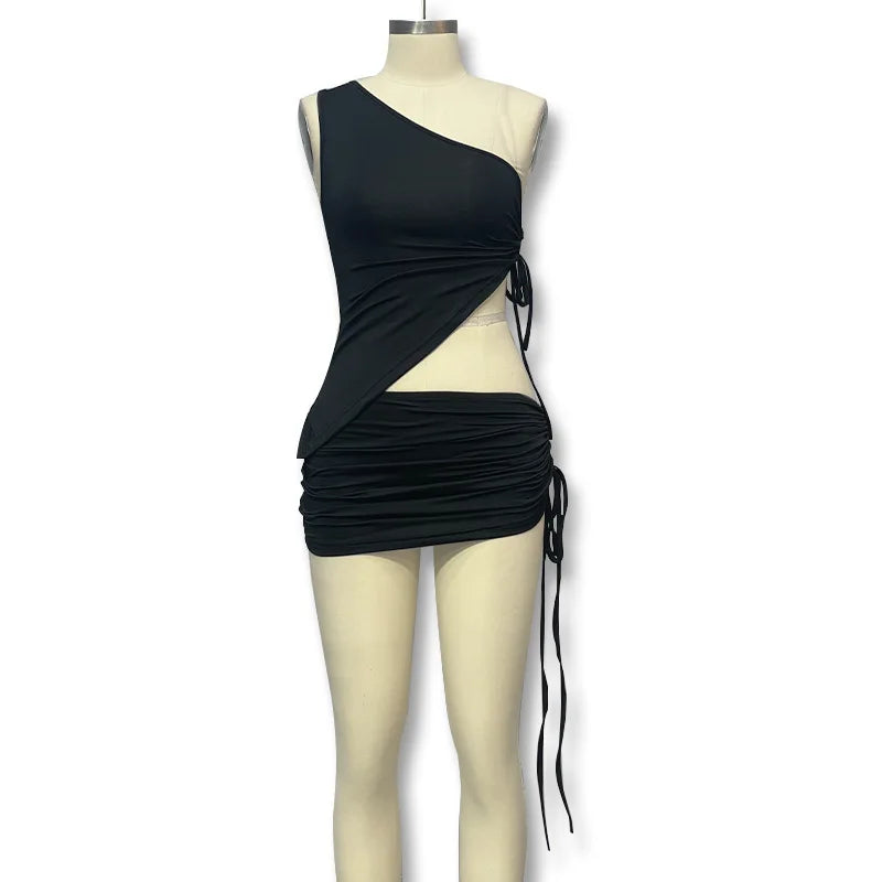 Fashion Sexy Summer Casual Skirt Set Diagonal Collar Shoulder Irregular Women's Vest Top Sexy Lace-up Miniskirt Two-piece Set
