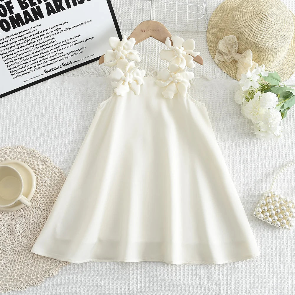 2025 Summer New Korean Version Baby Girl Casual Solid Color Dress White 3D Flower Decoration Fashion Temperament Princess Dress