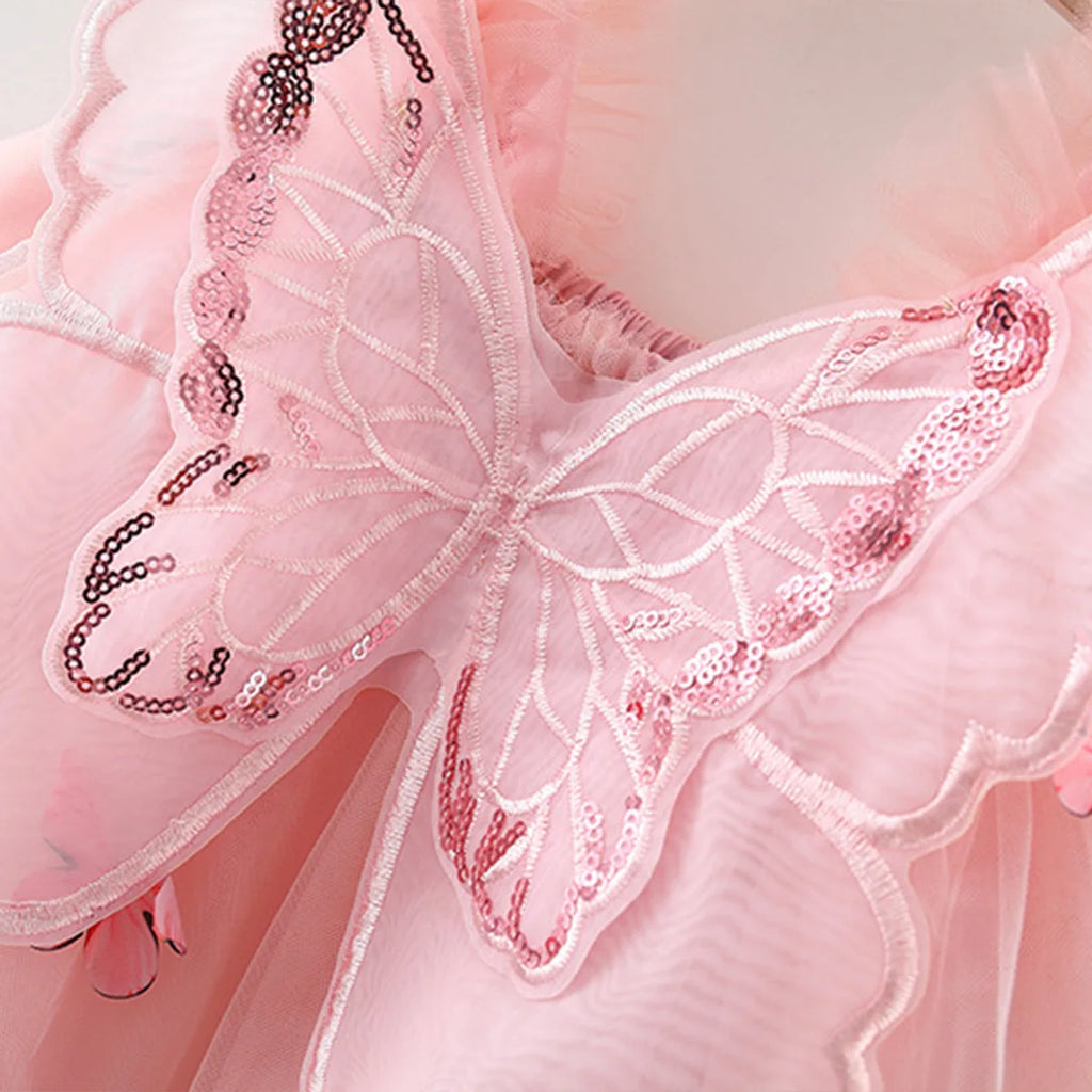 Summer New Girl's Dress Sweet Hanging Strap Butterfly Mesh Cute Back Butterfly Wings Mesh Dress Princess Dress Suitable for 0-3