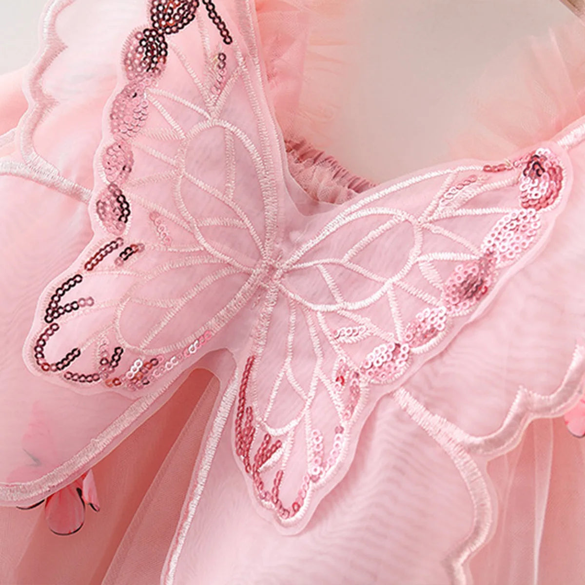 Summer New Girl's Dress Sweet Hanging Strap Butterfly Mesh Cute Back Butterfly Wings Mesh Dress Princess Dress Suitable for 0-3
