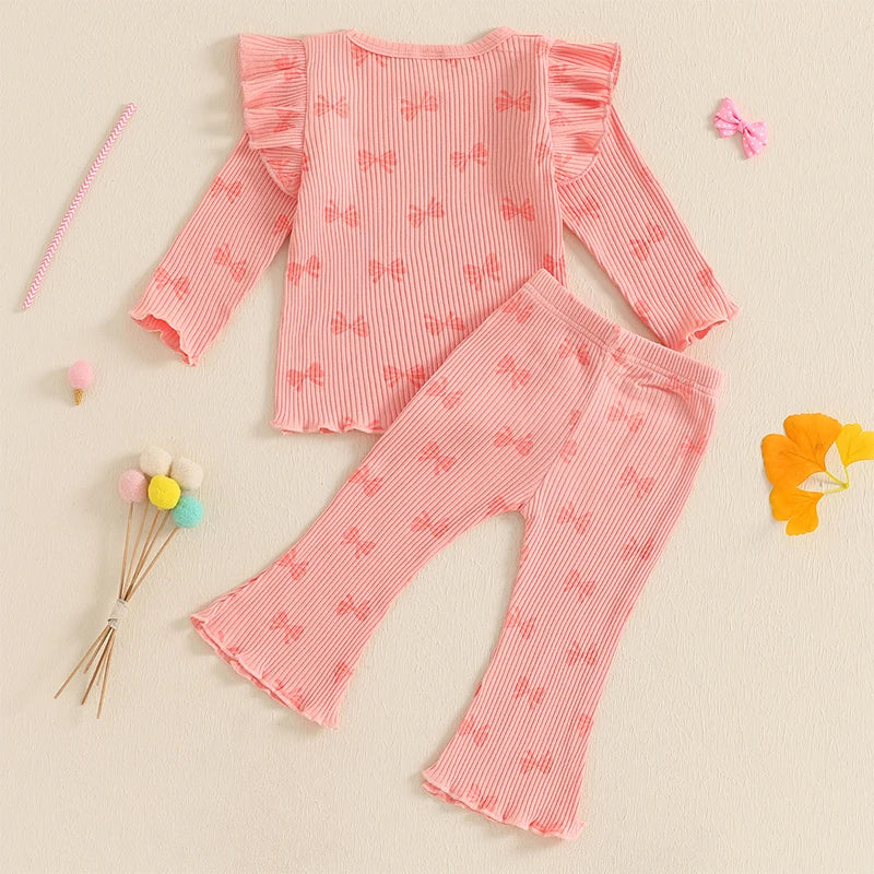 Pudcoco Kid Infant Baby Girls Pants Set, Bow Print Long Sleeve Crew Neck T-shirt with Flare Pants Fall Outfit 6M-4T
