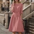 ZANZEA Elegant Women Vestidos With Belt 3/4 Sleeve Casual Knee-Length Dresses 2025 Autumn Solid Color Fashion Office Party Robe