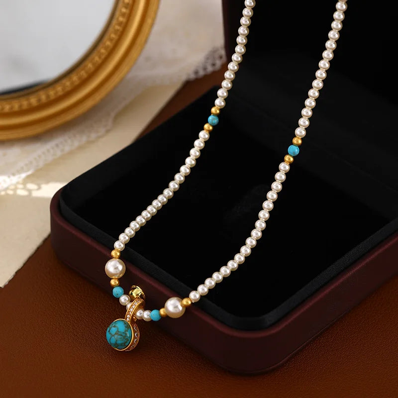 Modern Chinese Style Necklace 18K Gold Plated Turquoise Pendant with Pearl Beads Elegant Adjustable Collarbone Chain Jewelry