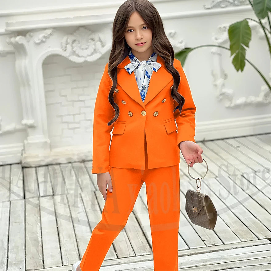 Girl Suits 2 Piece Elegant Daily Casual Fashion Kids Outfits Party Wedding Chic Double Breasted Notch Lapel Girl Clothes