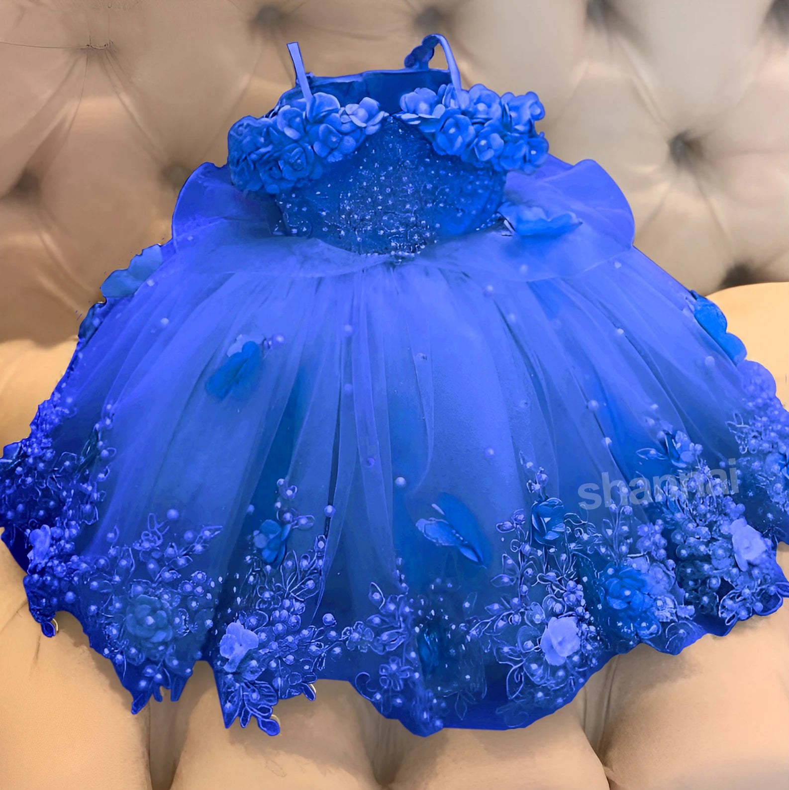 Customized Pink Flower Girl Dress Lace Off Shoulder Pearls Butterflies Organza Baby Girl Birthday Party First Communion Dress