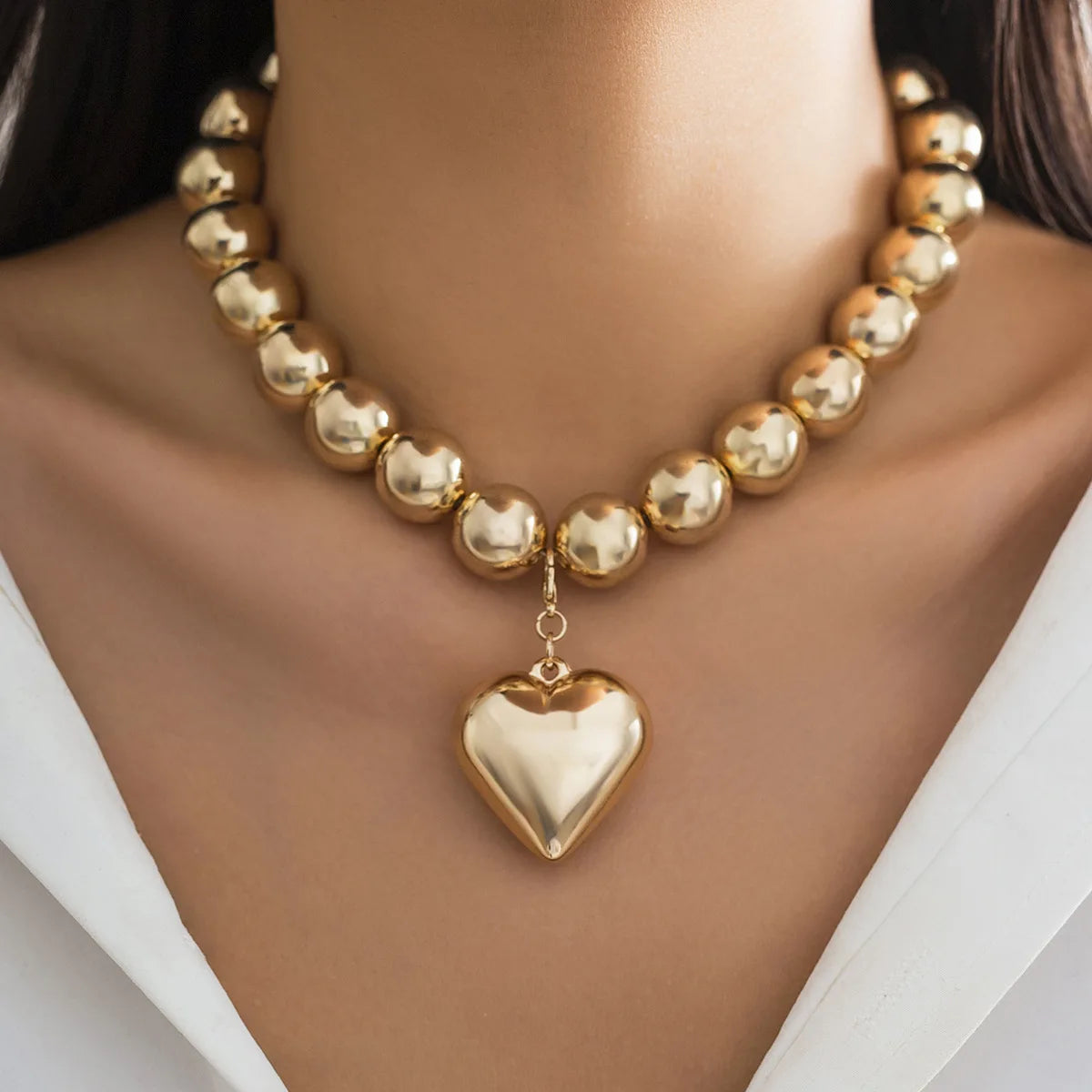 Big CCB Ball Beaded Chain and Heart Pendant Necklace for Women Trendy Choker Collar on the Neck Accessories 2024 Fashion Jewelry