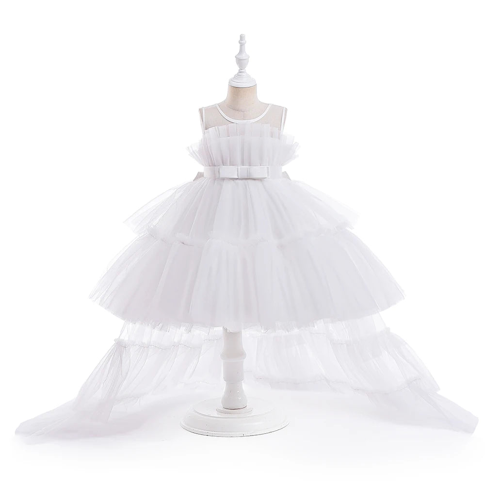 Red Puffy Tulle Flower Girls Dress Trailing First Communion Party Dresses For Girl Children Costume Princess Birthday Clothes
