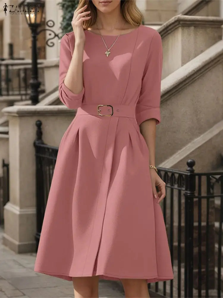 ZANZEA Elegant Women Vestidos With Belt 3/4 Sleeve Casual Knee-Length Dresses 2025 Autumn Solid Color Fashion Office Party Robe