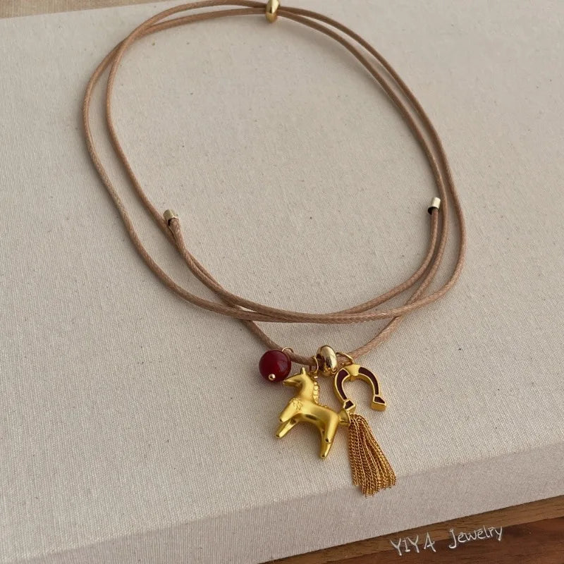 Minar Funny Metallic Cartoon Horse Multi Tassel Beads Pendant Necklaces for Women Female Adjustable Long Wax Rope Chain Chokers