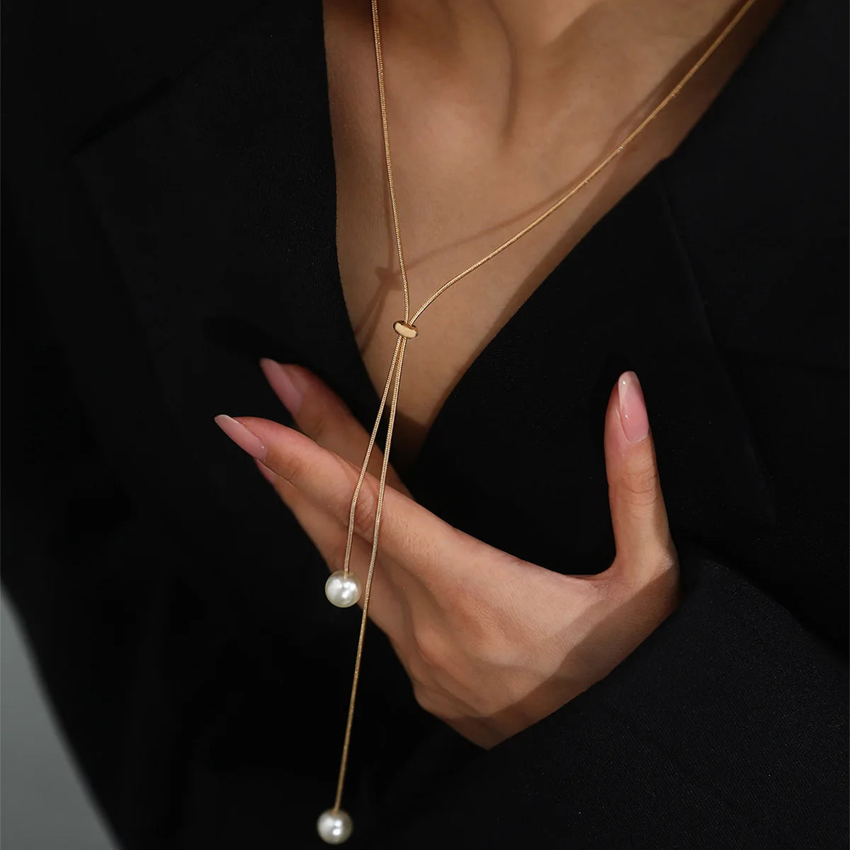 Long Pearl Necklace Adjustable Pull Chain Minimalist Design Women's Layering Choker Versatile Jewelry