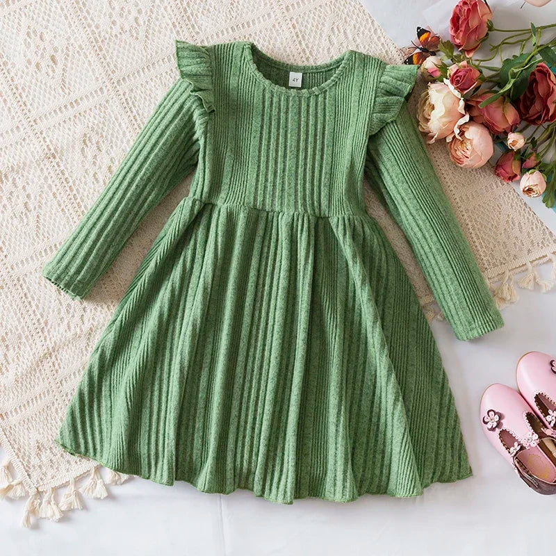 New Year Red Girl Knitting Rib Wool Long Sleeve Princess Dress Autumn Winter New Warm Sweater Dress Kid Christmas Casual Clothes