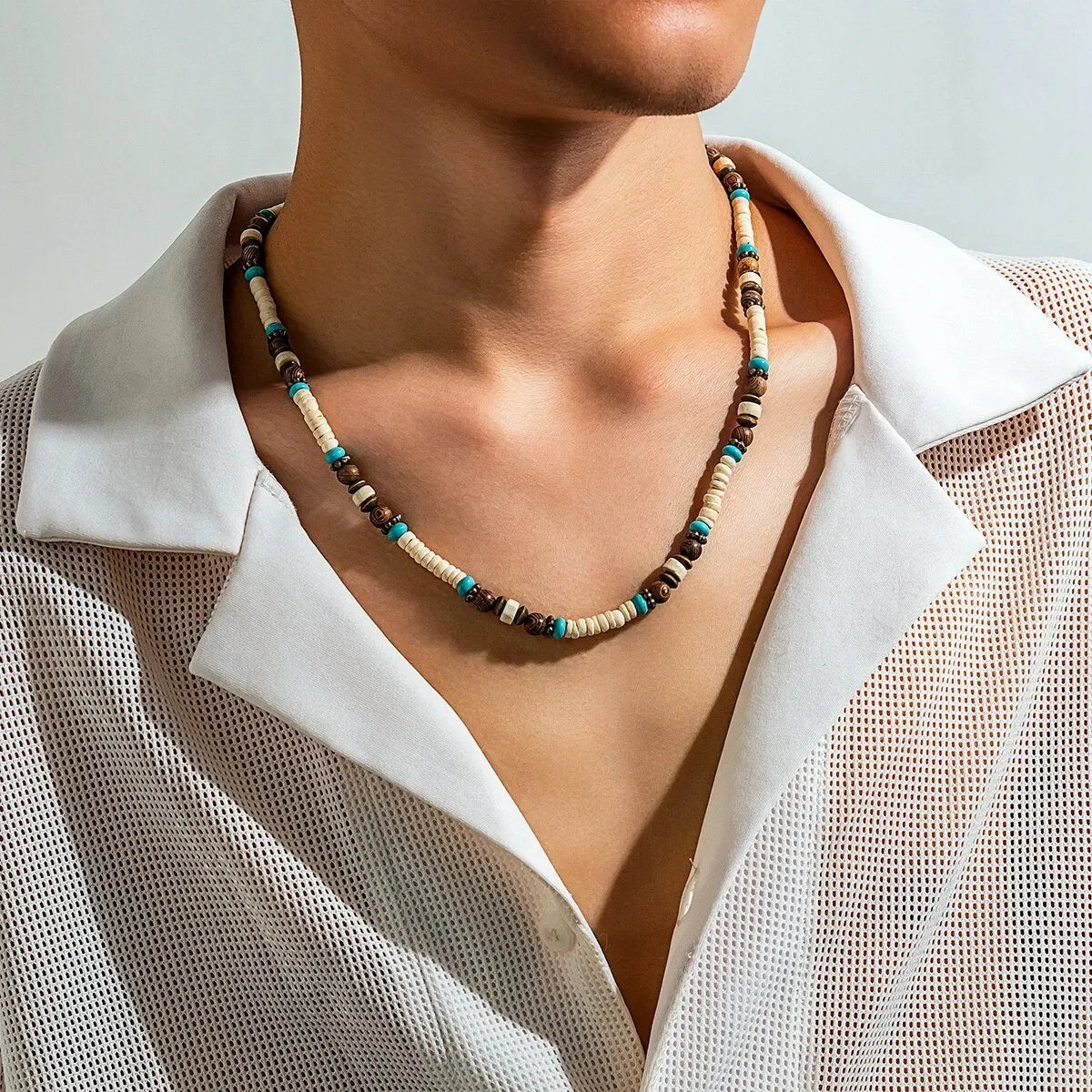 Fashion Men Summer Beach Wooden Bead Surfer Necklace Simple Geometric Tribal Ethnic Handmade Chain Steampunk Male Jewelry Gift