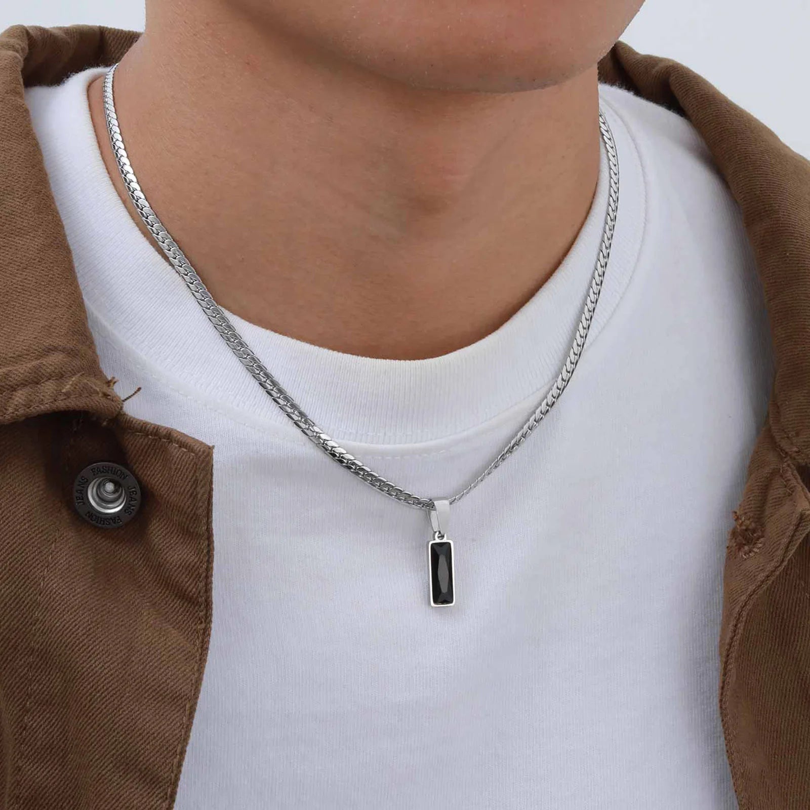 Stylish Mens Geometric Stone Pendent Necklaces,Stainless Steel Flat Cuban Chain Collars,Hip Hop Jewelry Gifts for Him Boys