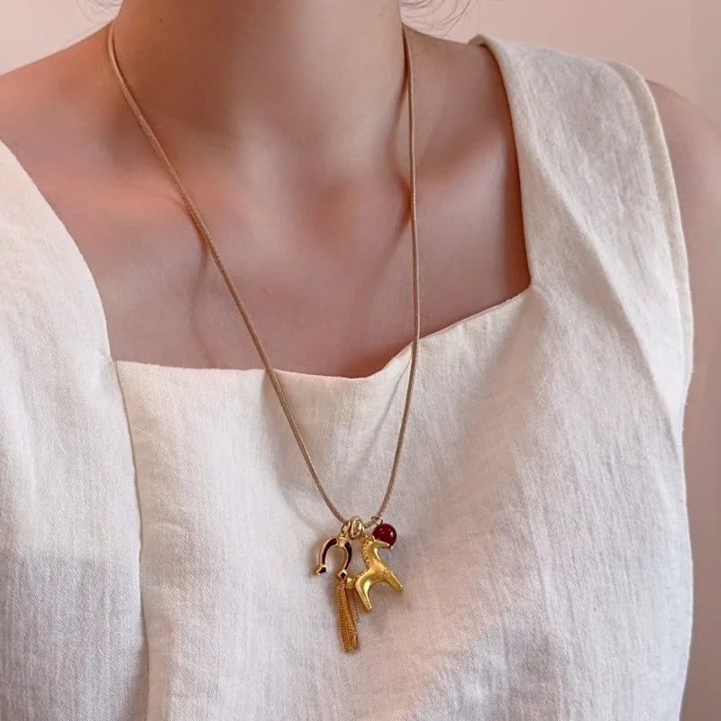 Minar Funny Metallic Cartoon Horse Multi Tassel Beads Pendant Necklaces for Women Female Adjustable Long Wax Rope Chain Chokers