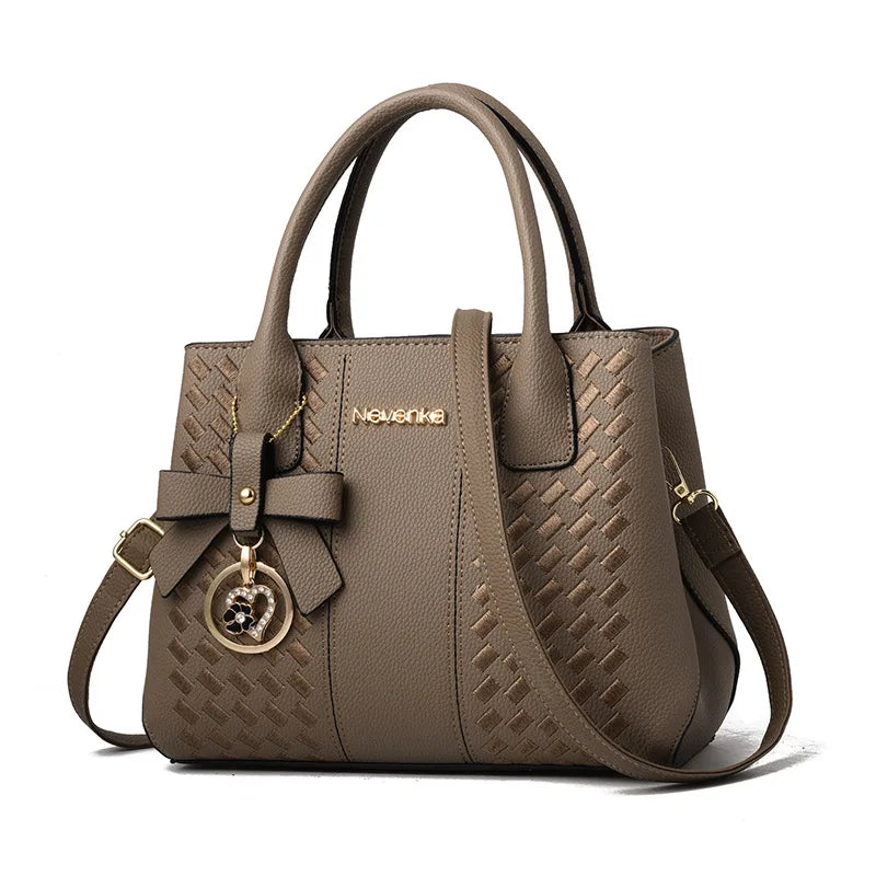 Bow Metal Pendant Top Handle Satchel Crossbody Bag, PU Leather Textured Bag Purse, Classic Versatile Fashion Shoulder Bag