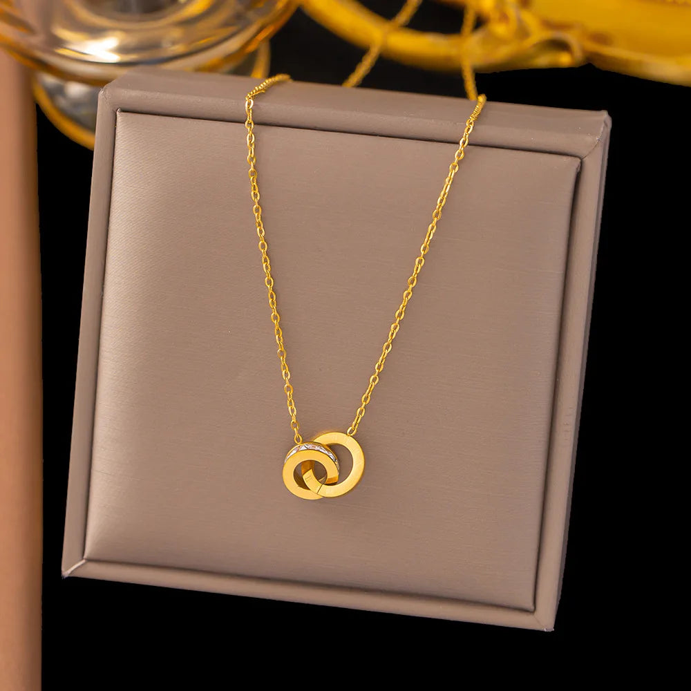 316L Stainless Steel Clavicle Chain CZ Crystal Double Circle Roman Numeral Pendant Necklace For Women Wedding Jewelry Gifts