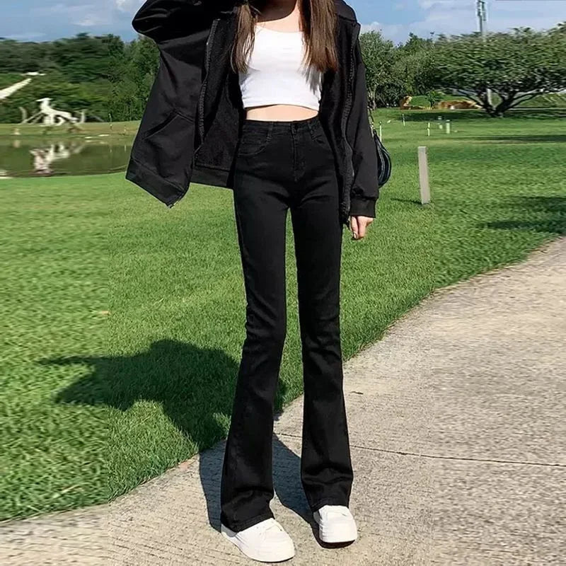Women Spring Autumn High Waist Slimming Flared Jeans Straight Leg Loose Fit Long Pants Casual Comfortable Denim Trousers