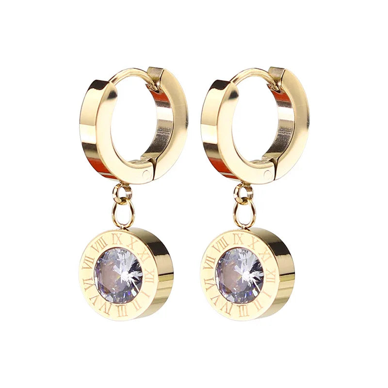 2023 Fashion Classic Roman Crystal Disc Pendant Stainless Steel Rose Gold Colour Earrings Women's Colorless Jewelry Accessories