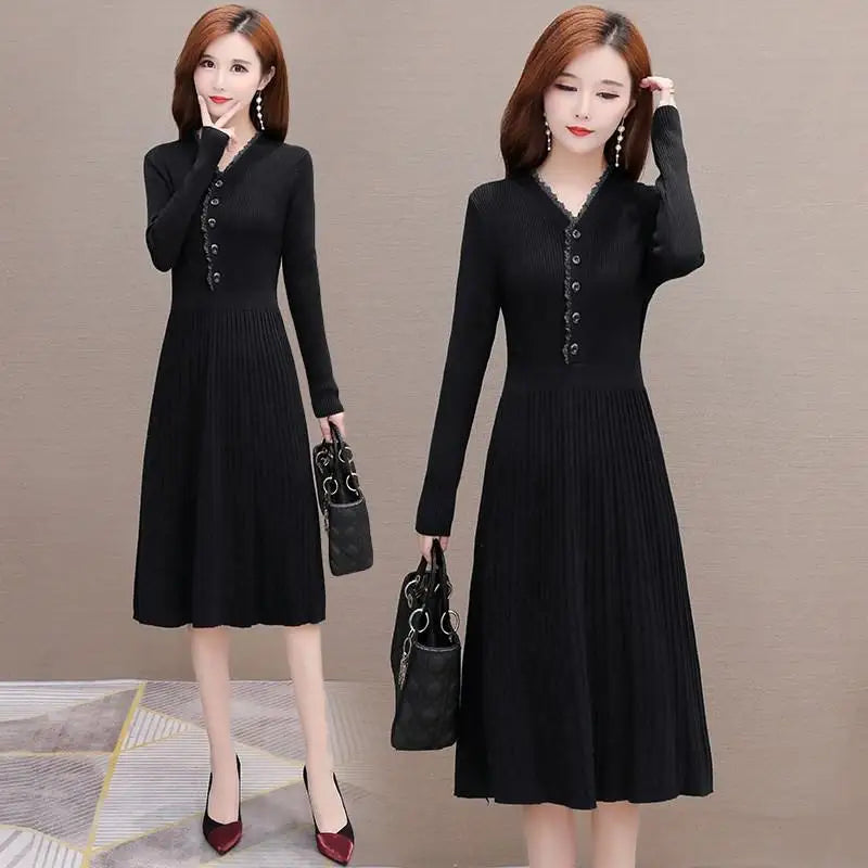 Fashion Ruffled Neck Button Folds Midi Dress Women's Clothing 2023 Autumn Winter Loose Elegant Office Lady Knitted Dress