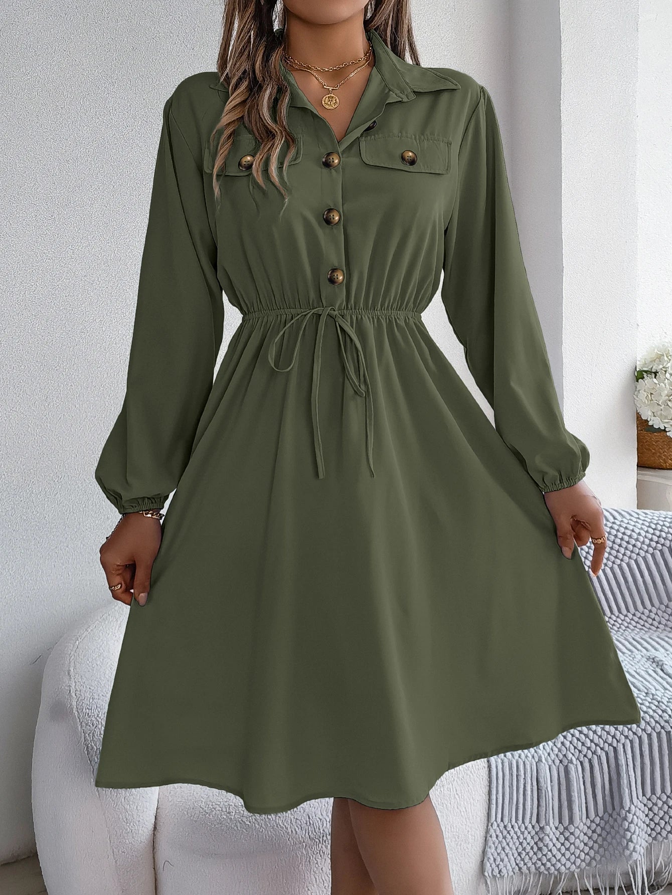 Autumn Winter Dresses for Women Casual Solid Color Button Tie Up Long sleeved Shirt Dress