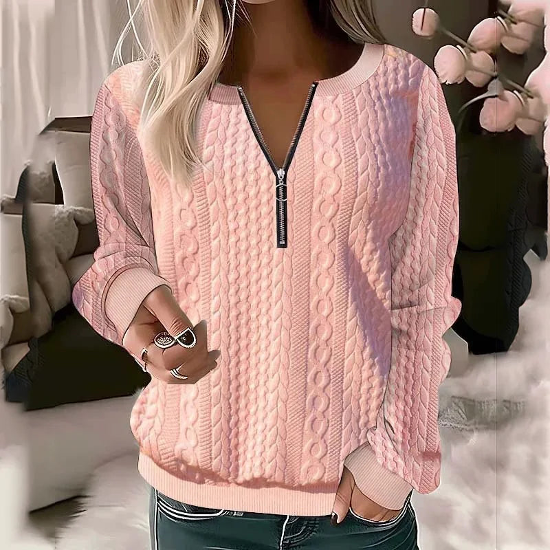 Autumn and winter new women's long sleeved solid color V-neck zipper T-shirt top, women's casual temperament long sleeved top