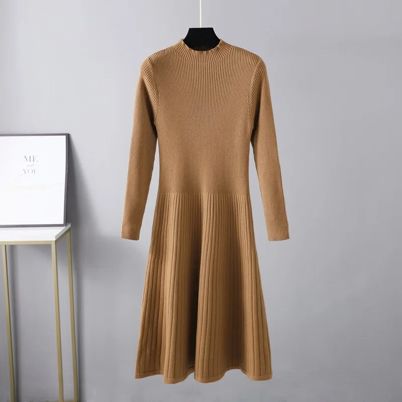 Elegant Slim A-lined Knitted Sweater Dress Women O-neck Long Sleeve Knitwears Vestidos Fall Winter Thick Mid Length Dresses New