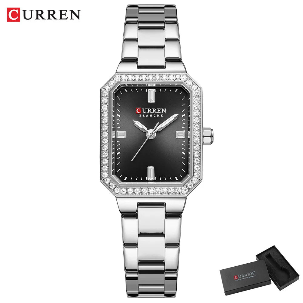 CURREN Luxury Brand Watches for Women Simple Rectangular Dial with Sparkling Rhinestones Casual Quartz Wristwatch with Luminous