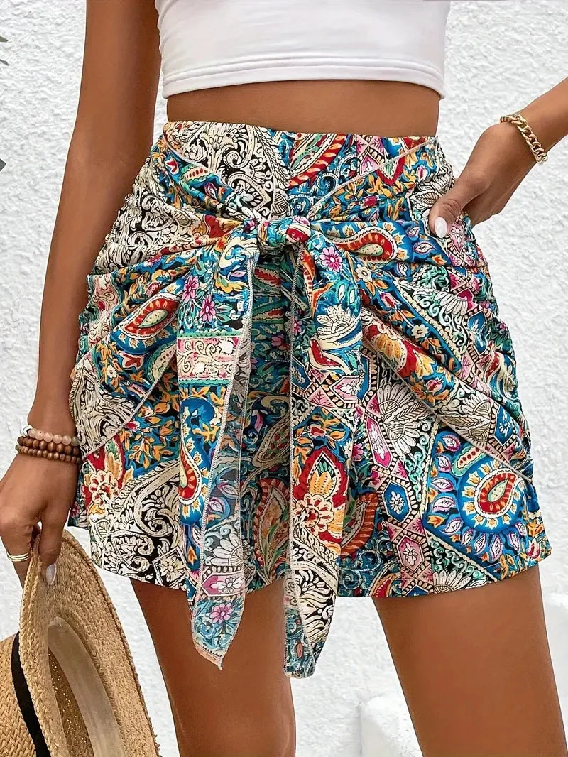 Vacation Style Woman Shorts 2025 Summer Trendy Latest Casual Vintage Boho Tribal Floral Printed High Waist Wide Leg Ladies Pants