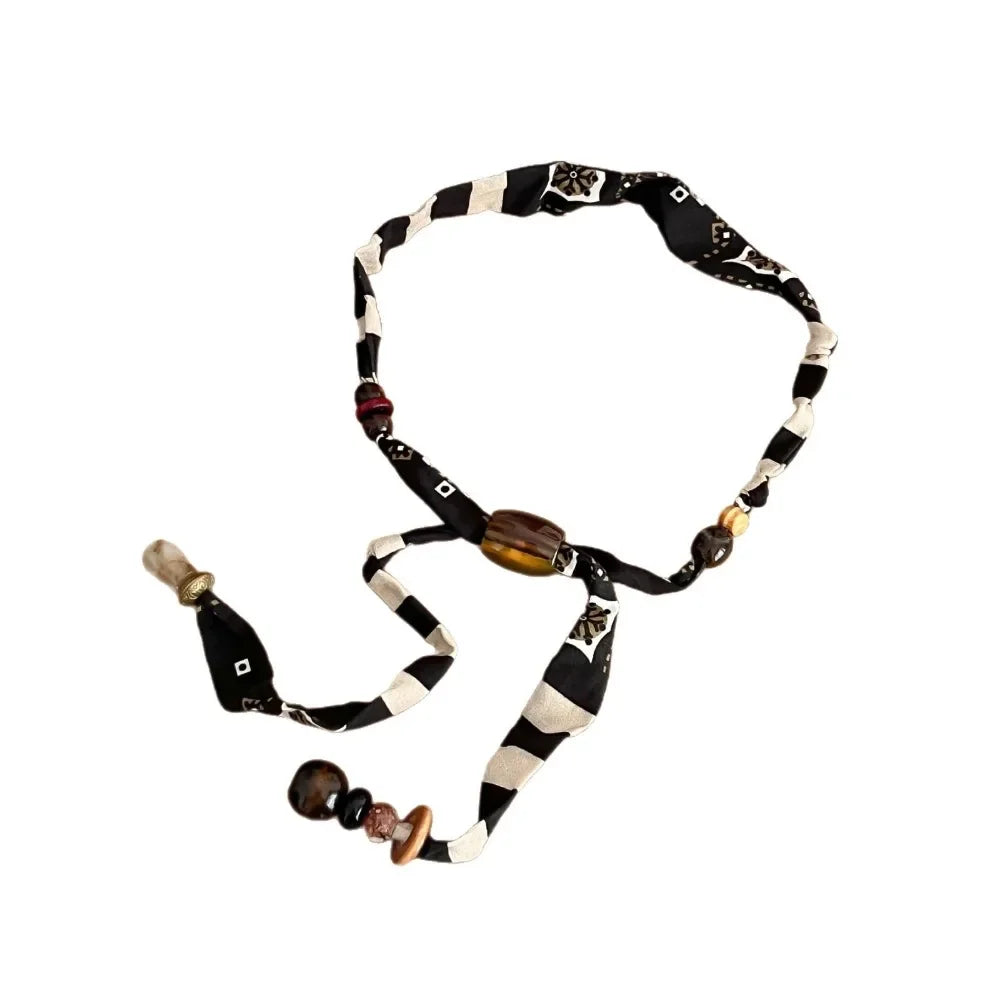 Strip Cloth Chain Necklace Multicolor Ethnic Style Wood Bead Necklace Clavicle Chain Jewelry Accessories Bohemian Choker Gift