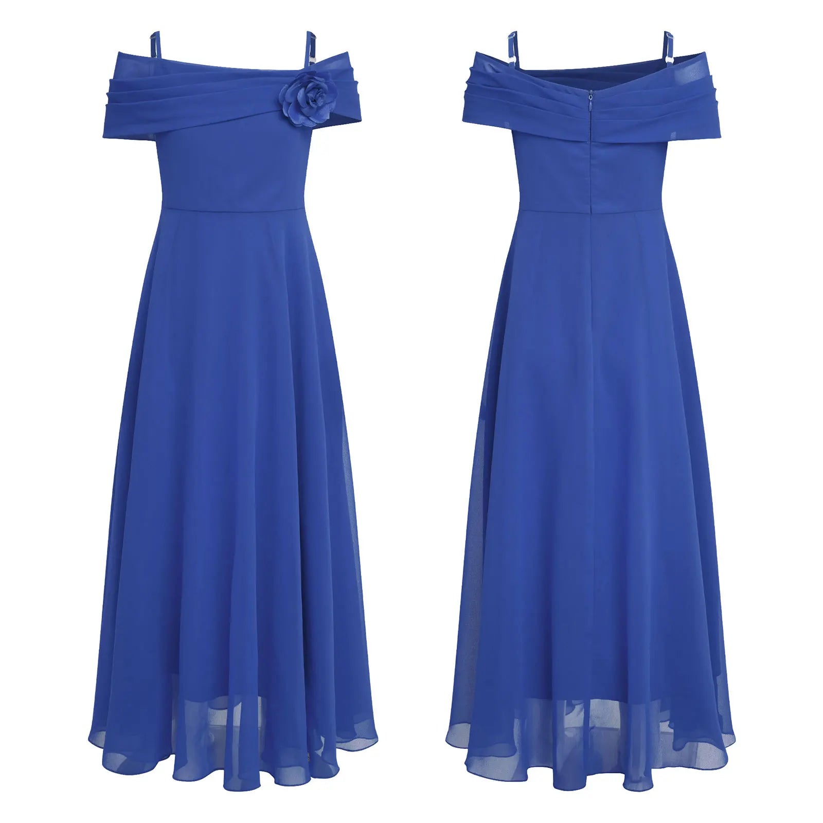 Kids Girls Elegant Party Dress Wedding Bridesmaid Birthday Prom Gown Off Shoulder Ruched 3D Flower Applique Chiffon Maxi Dresses