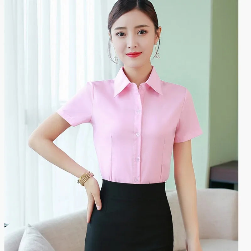 Fashion White Shirts Woman 2025 Autumn Short Sleeve Blouse Solid Ladies Tops OL Female Clothing  Basic Work Shirt Women's Blouse