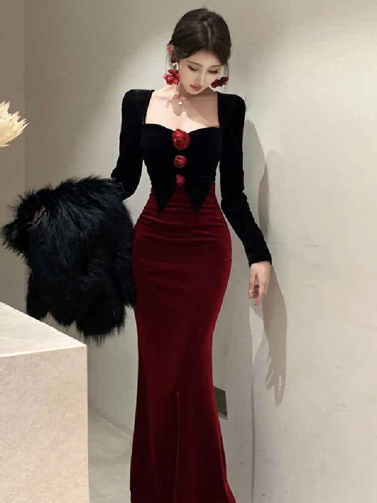 Autumn Winter Dresses Women Elegant Sexy Square Collar Slim Long Sleeve Vintage Velvet Dress Female French Style Chic
