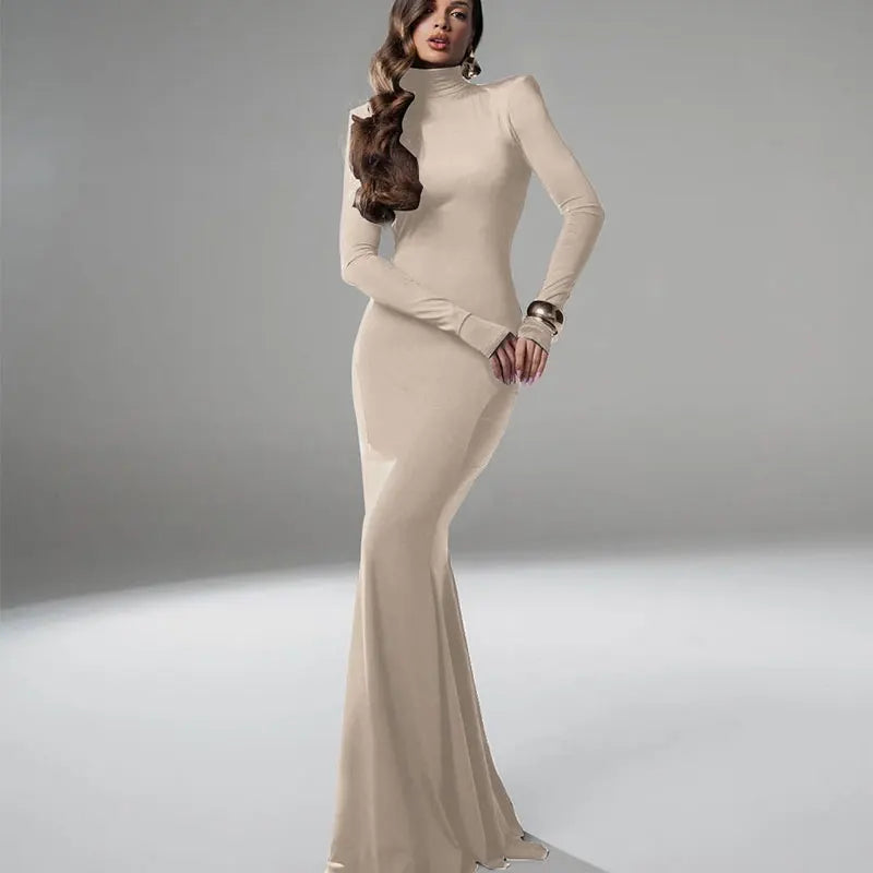 Women Dresses Elegant Party Autumn Winter Sexy Backless Dress Streetwear Fashion Casual Slim Turtleneck Brown Long Sleeves Dress