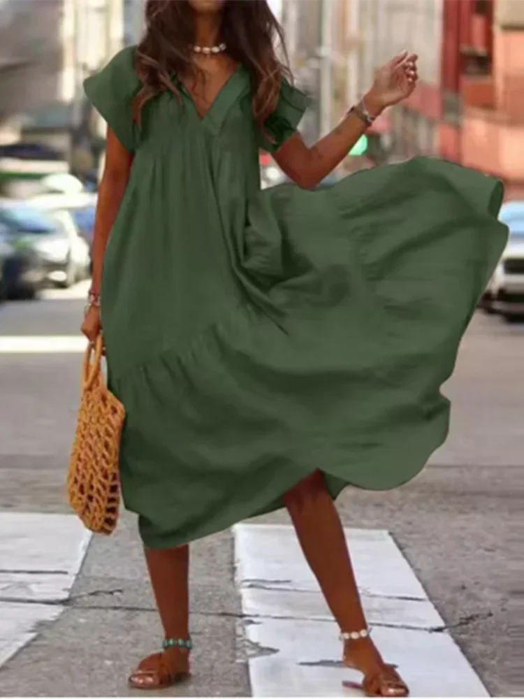 V-Neck Short Sleeved Loose Dress Women's Solid Color Vacation Dresses Summer Casual A-Line Robe Vestidos