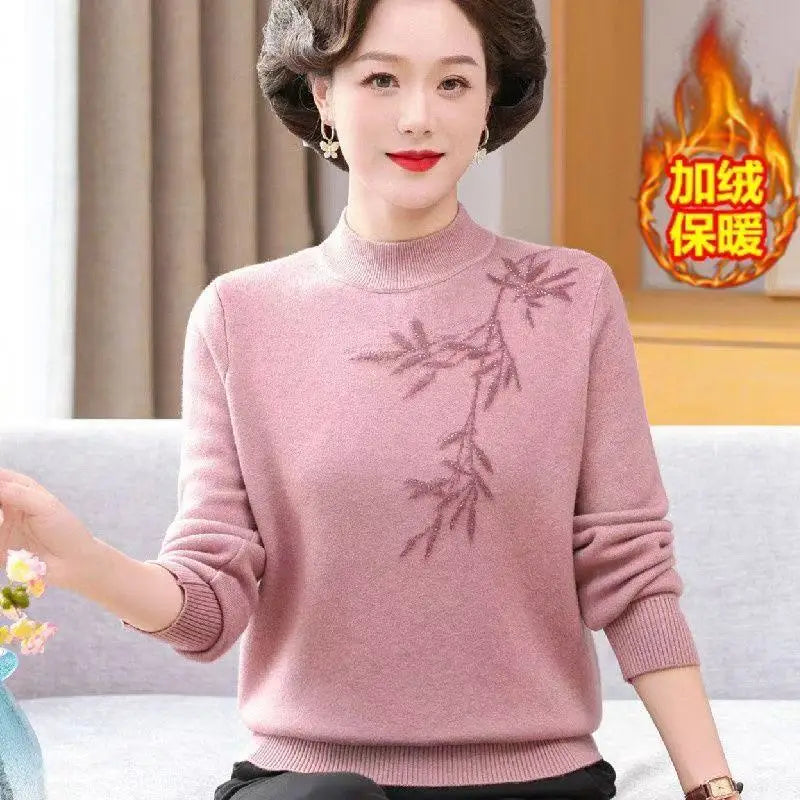 Winter Mother Dress Plus Velvet Thickened Sweater for Women Middle-aged Elderly Fashionable Knitted Base Top